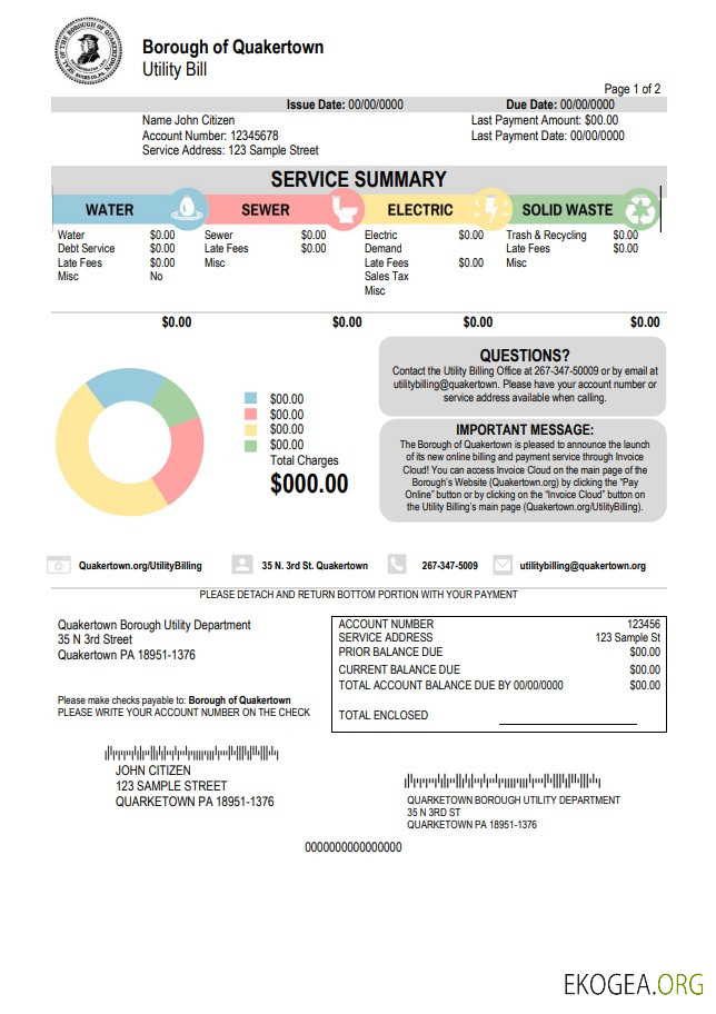 USA Pennsylvania Quakertown Borough utility bill template in Word and PDF format